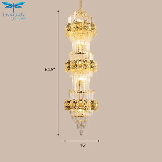 8 - Light Fluted Clear Glass Rods Chandelier Retro Layered Guest Room Suspension Pendant Light
