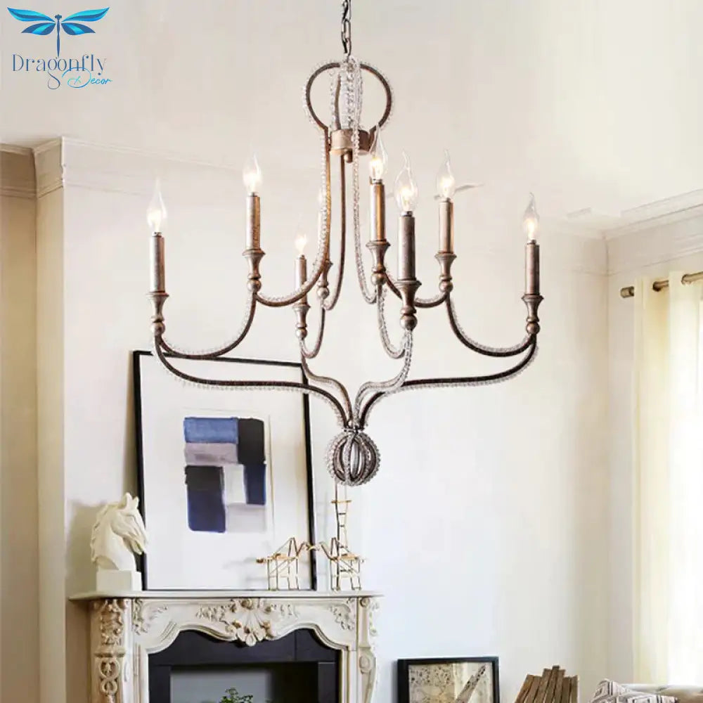 8 Lights Candelabra Chandelier Light Fixture Minimalism Aged Silver Crystal Pendant