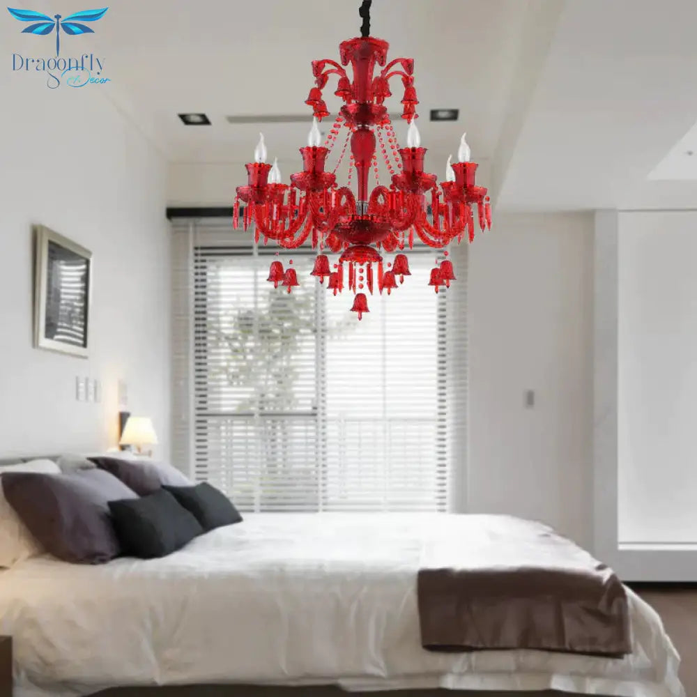 8 Lights Crystal Hanging Lamp Traditional Red/Blue/Purple Candelabra Living Room Chandelier Light