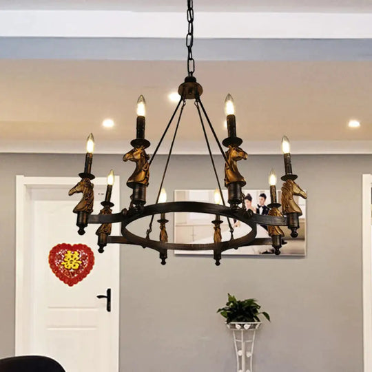 8 Lights Living Room Hanging Lighting Country Style Black Chandelier With Candle Metal
