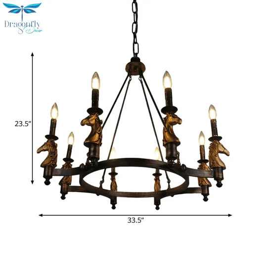 8 Lights Living Room Hanging Lighting Country Style Black Chandelier With Candle Metal