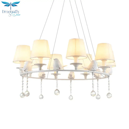 8 Lights Pendant Light Classic Cone Fabric Hanging Chandelier In White For Bedroom With Crystal