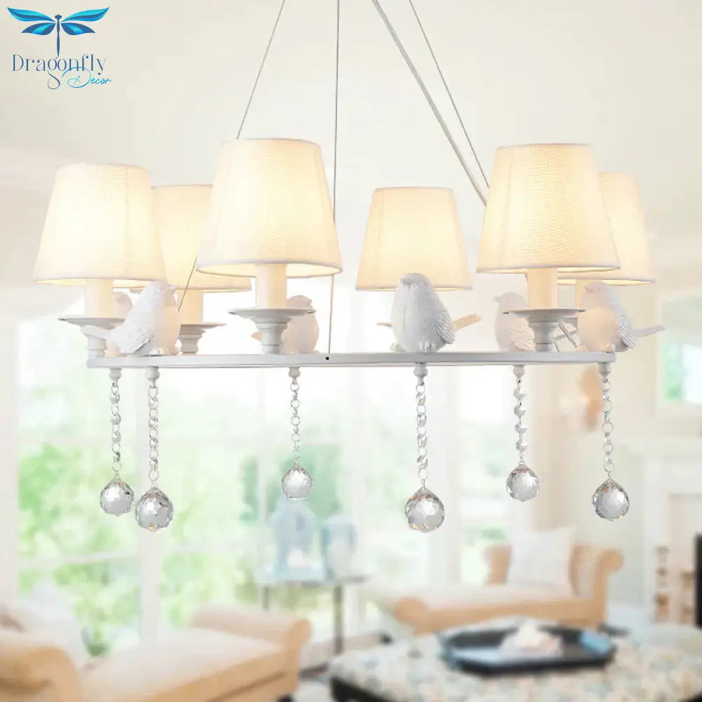 8 Lights Pendant Light Classic Cone Fabric Hanging Chandelier In White For Bedroom With Crystal