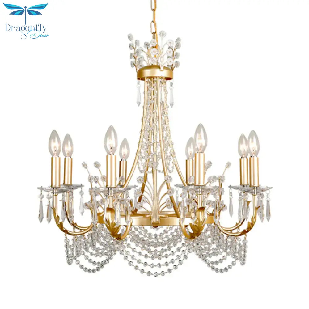 8 Lights Swooping Arm Chandelier Light Countryside Gold Crystal Ceiling Pendant For Bedroom