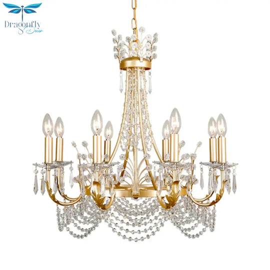 8 Lights Swooping Arm Chandelier Light Countryside Gold Crystal Ceiling Pendant For Bedroom