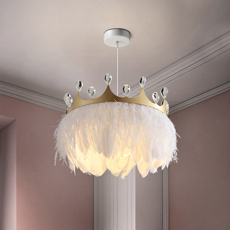 Bronte - Crown Feather Pendant Light Nordic 1 Head Gold Hanging Lamp With Clear Crystal Accent