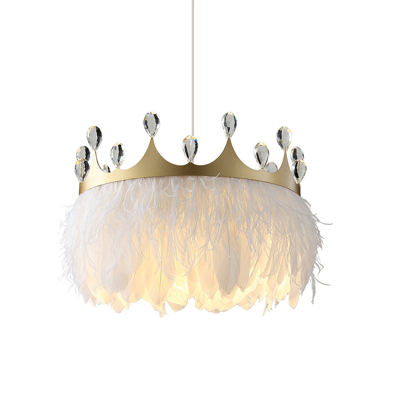 Bronte - Crown Feather Pendant Light Nordic 1 Head Gold Hanging Lamp With Clear Crystal Accent