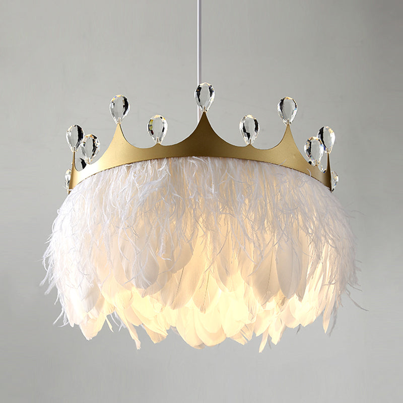 Bronte - Crown Feather Pendant Light Nordic 1 Head Gold Hanging Lamp With Clear Crystal Accent