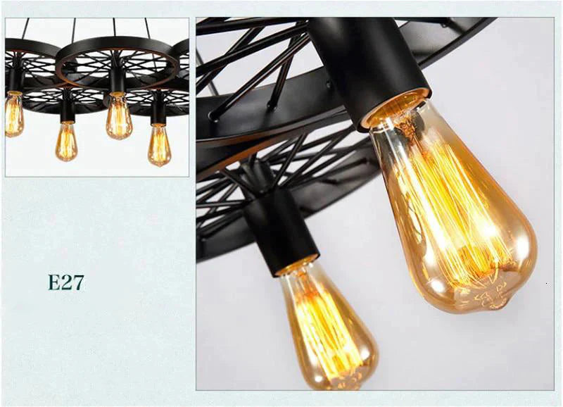 Retro Industrial Iron Wheel Vintage Black Pendant Lamp Classic Loft Lights E27 For Restaurant