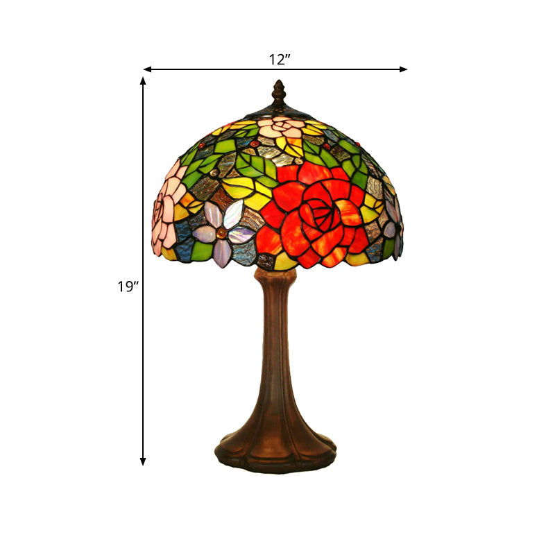 Aria - Victorian Hand - Cut Stained Glass Rose Table Light 1 Head Bronze Night Stand Lamp