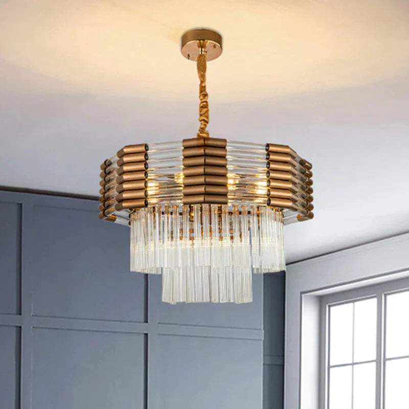 Brass Multi Tiered Hanging 9-Light K9 Crystal Chandelier