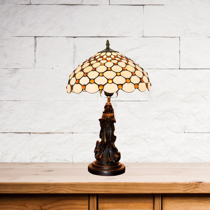 Asellus Secundus - Cabochons Grid Night Light 1 - Light Tiffany Table Lamp With Angel Decor