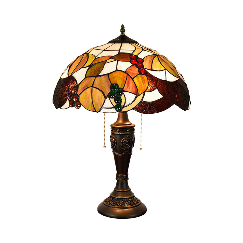 Aubrey - Tiffany 2 Heads Bowl Pull Chain Table Lighting Brown/White - Brown Glass Nightstand Lamp