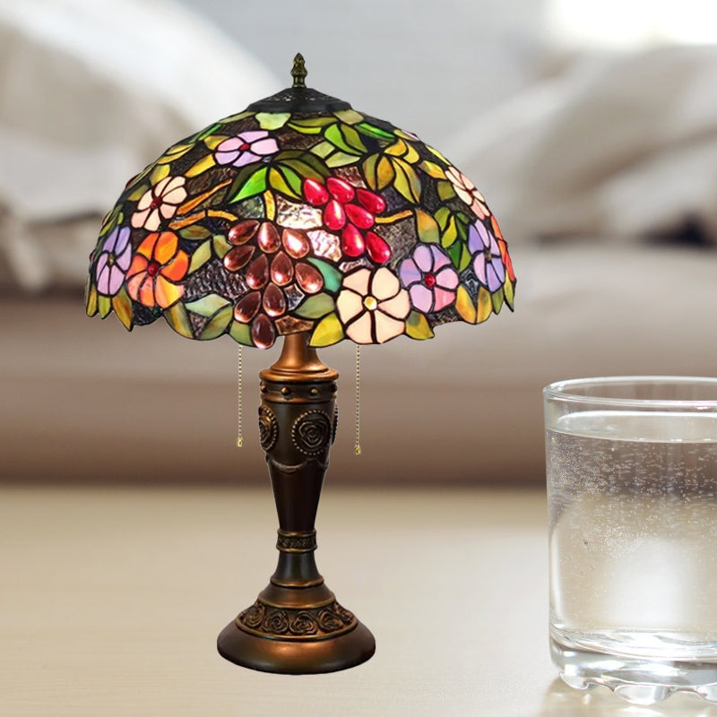 Aubrey - Tiffany 2 Heads Bowl Pull Chain Table Lighting Brown/White - Brown Glass Nightstand Lamp