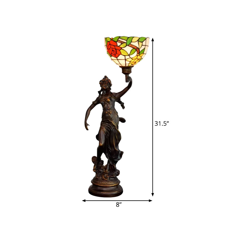 Raelynn - Resin Torchiere Table Light Tiffany 1 Bulb Bronze Nightstand Lamp With Red -