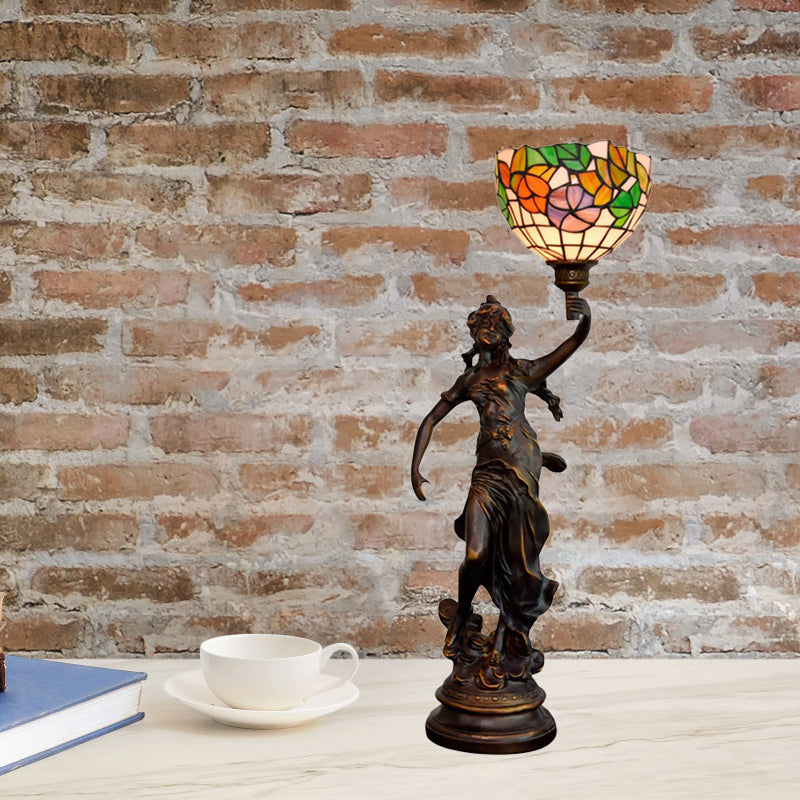 Raelynn - Resin Torchiere Table Light Tiffany 1 Bulb Bronze Nightstand Lamp With Red -