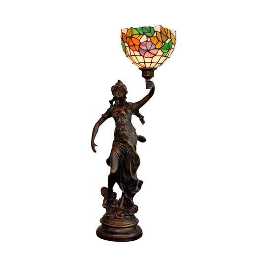 Raelynn - Resin Torchiere Table Light Tiffany 1 Bulb Bronze Nightstand Lamp With Red -