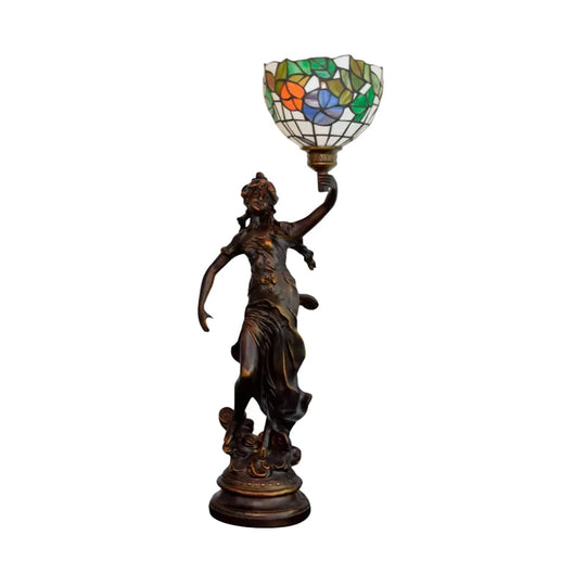 Raelynn - Resin Torchiere Table Light Tiffany 1 Bulb Bronze Nightstand Lamp With Red -