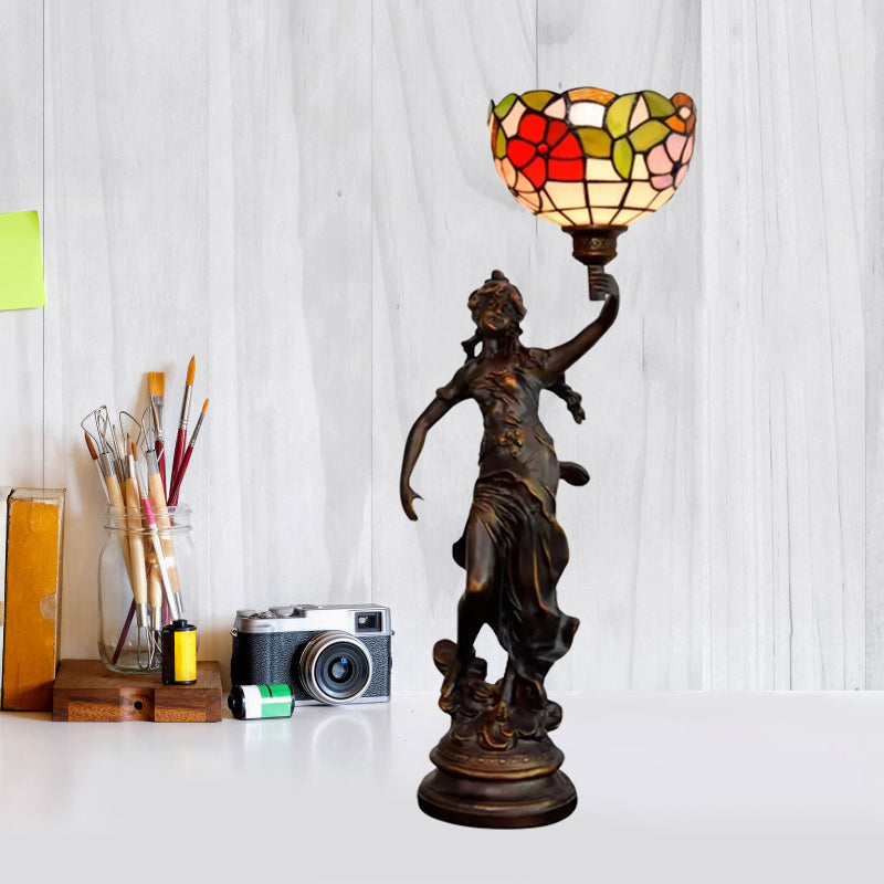 Raelynn - Resin Torchiere Table Light Tiffany 1 Bulb Bronze Nightstand Lamp With Red -