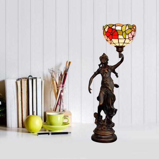 Raelynn - Resin Torchiere Table Light Tiffany 1 Bulb Bronze Nightstand Lamp With Red -