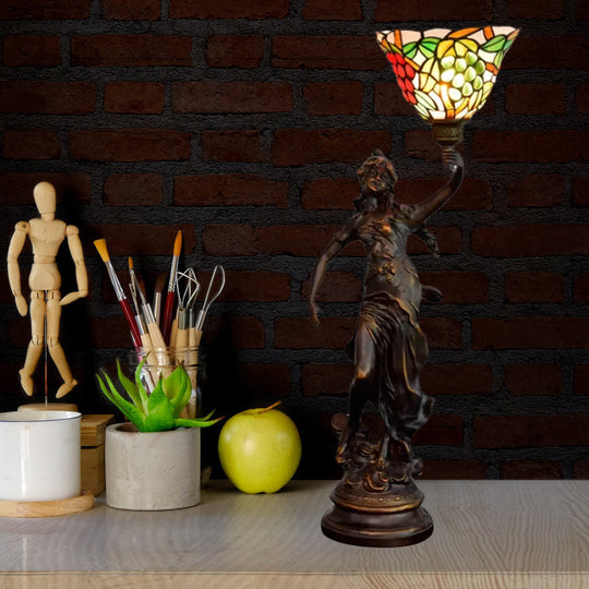 Clara - Tiffany Table Lighting In Bronze With Angel Statue Night Stand Light White - Green