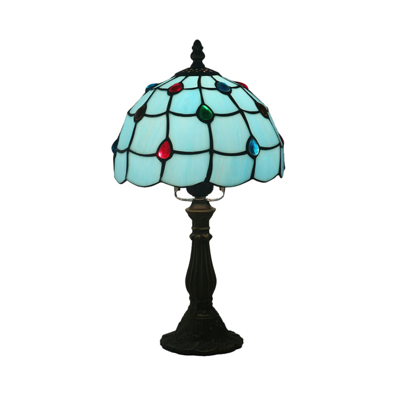 Corinne - Blue Glass Lattice Bowl Table Lighting Mediterranean 1 Head Bronze Gem Patterned Desk For