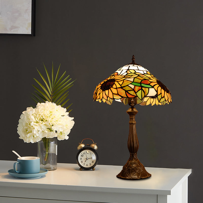 Arrakis - Baroque Bowl Shade Table Light 1 - Bulb Hand Cut Glass Sunflower Patterned Nightstand