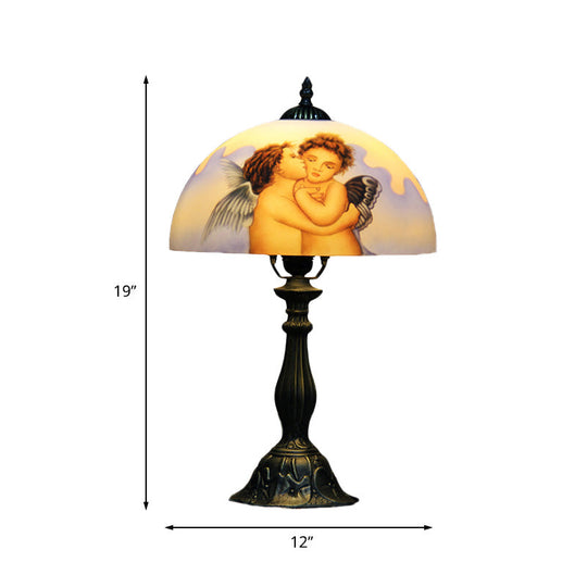 Sara - Stained Bowl Glass Nightstand Lamp Victorian 1 Head Bronze Angel Patterned Desk