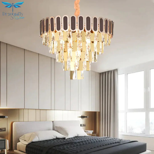 9/16 Lights Dining Room Chandelier Contemporary Gold Hanging Light Kit With Cone Crystal Shade
