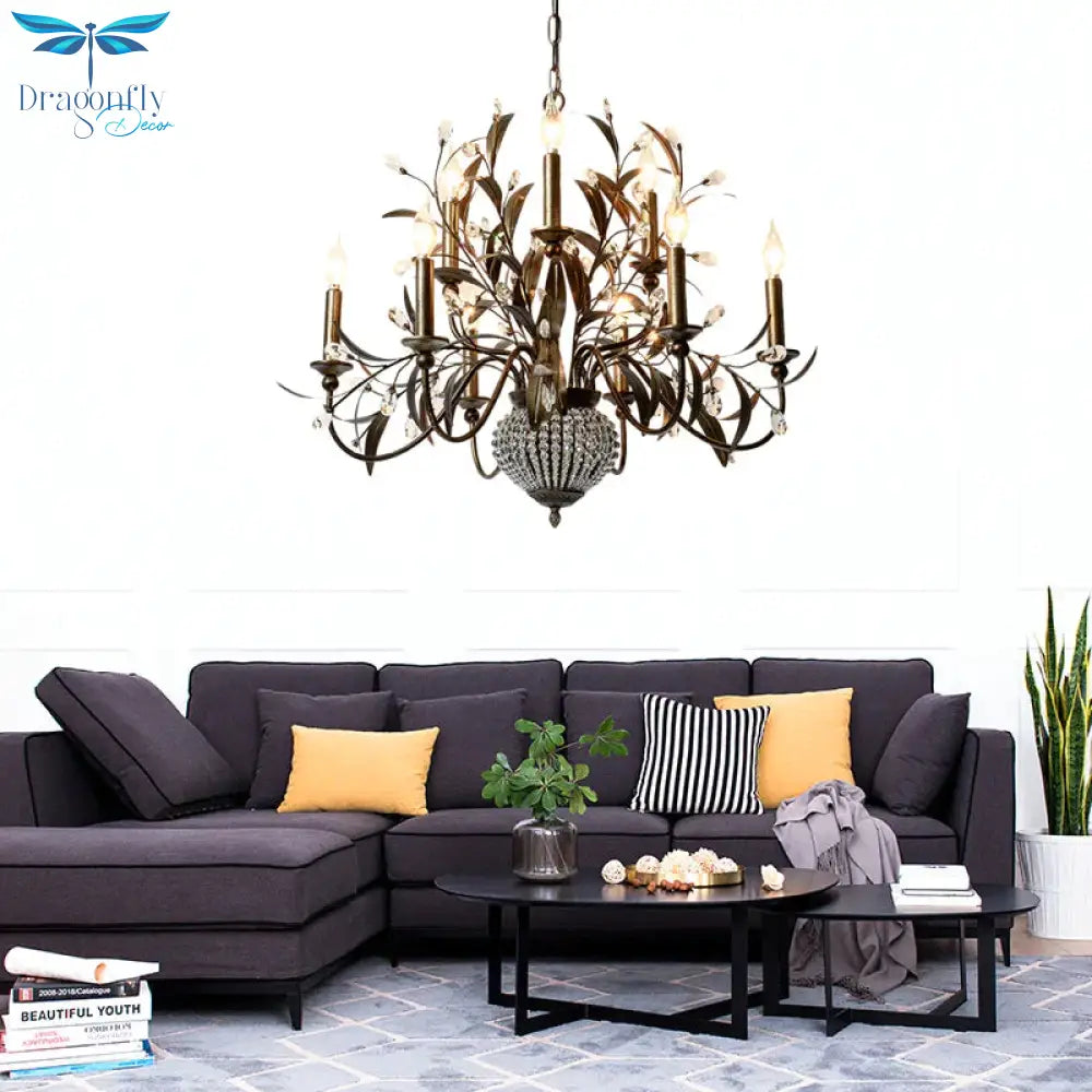 9 Bulbs Branch Ceiling Chandelier Contemporary Metal Suspended Lighting Fixture In Antique Brass