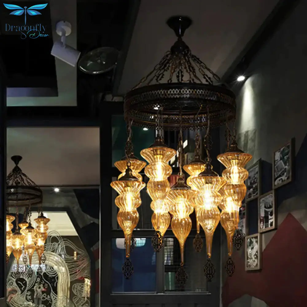 9 Bulbs Pendant Chandelier Traditional Coffee Shop Suspension Lighting Fixture With Jar Tan Ribbing