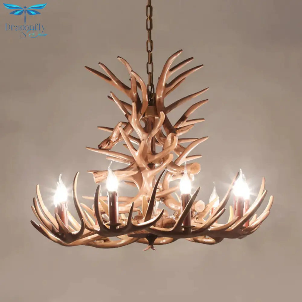 9 Heads Antler Ceiling Chandelier Farmhouse Brown Resin Suspended Lighting Fixture For Restaurant