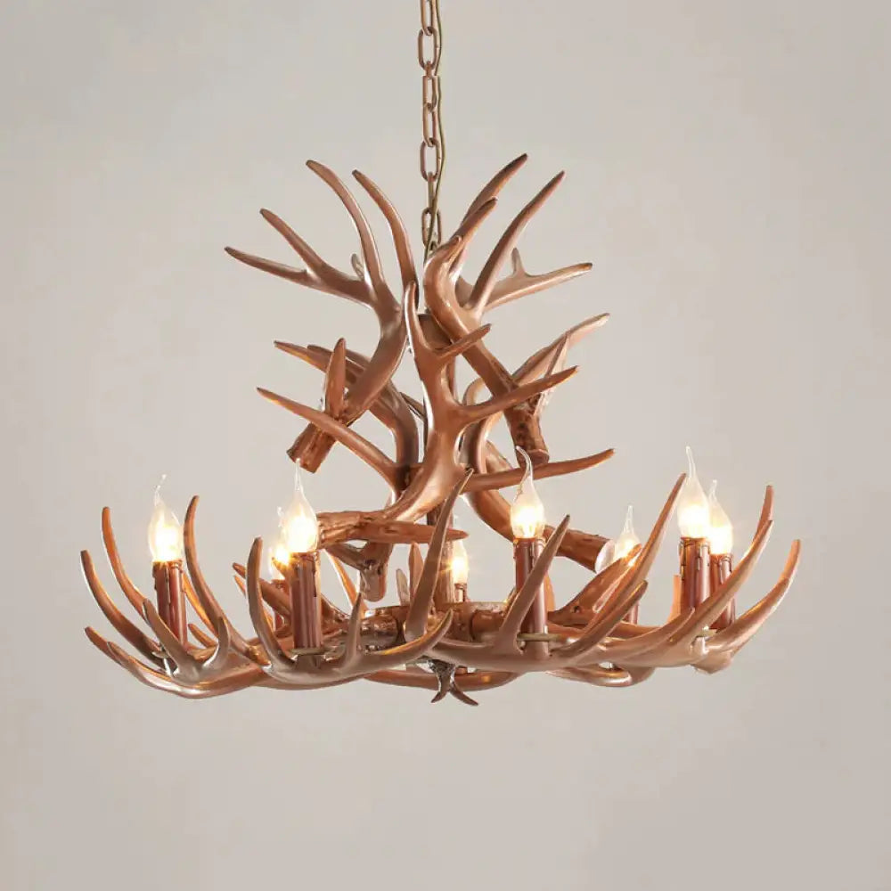 9 Heads Antler Ceiling Chandelier Farmhouse Brown Resin Suspended Lighting Fixture For Restaurant /