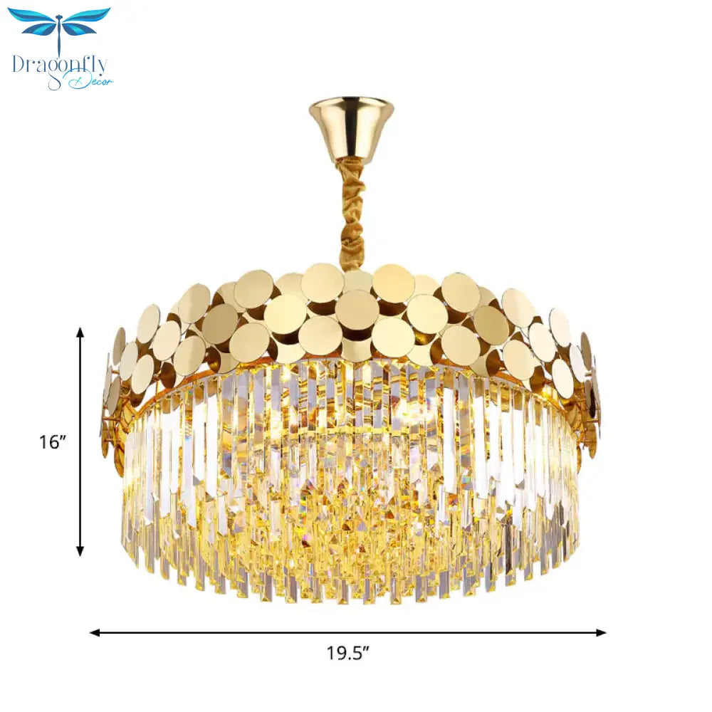 9 Heads Chandelier Lighting Country Drum Crystal Pendant Light Kit In Gold With Metal Dotted Design