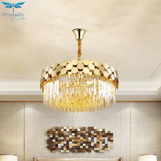 9 Heads Chandelier Lighting Country Drum Crystal Pendant Light Kit In Gold With Metal Dotted Design