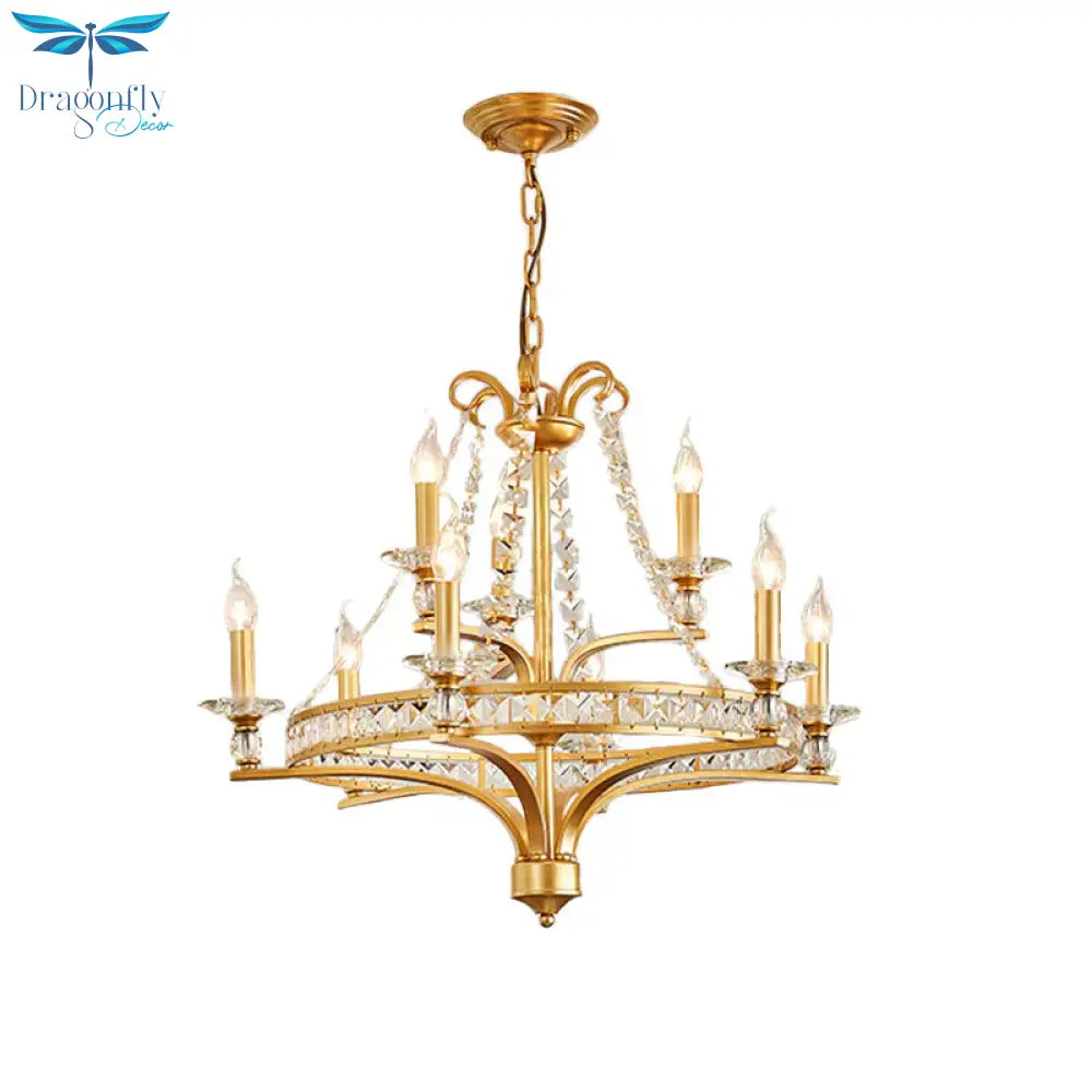 9 Lights Candle Chandelier Lighting Rustic Gold Metal Pendant Lamp For Dining Room With Crystal