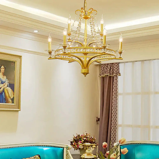 9 Lights Candle Chandelier Lighting Rustic Gold Metal Pendant Lamp For Dining Room With Crystal