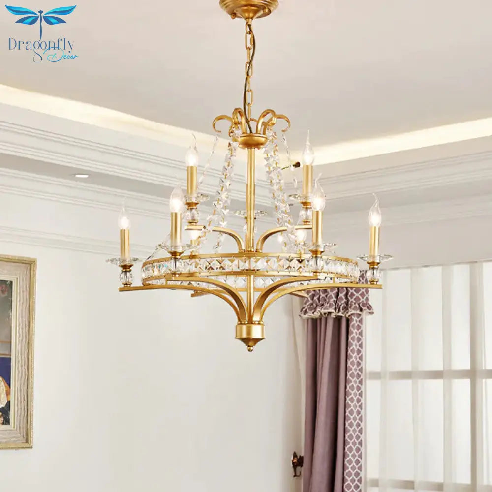 9 Lights Candle Chandelier Lighting Rustic Gold Metal Pendant Lamp For Dining Room With Crystal
