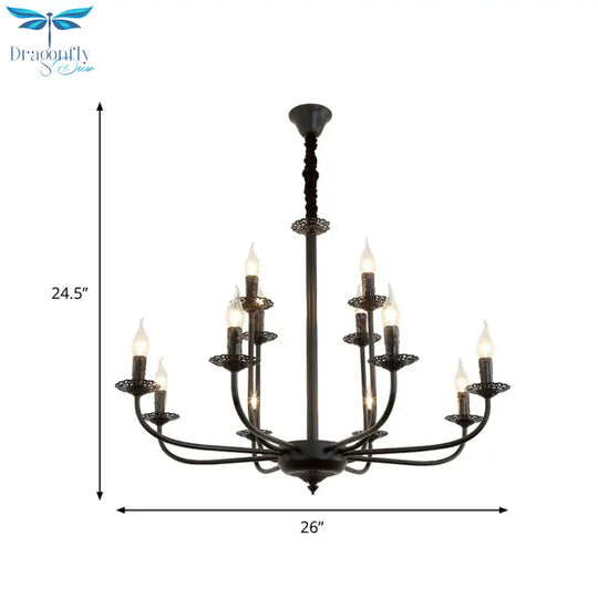 9 Lights Pendant Light Classic Candle Metal Hanging Chandelier In Black For Living Room