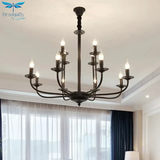 9 Lights Pendant Light Classic Candle Metal Hanging Chandelier In Black For Living Room