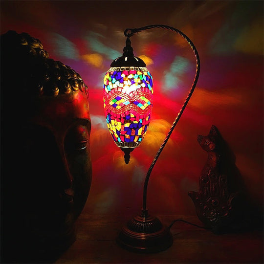 Algieba - Bohemian Droplet Nightstand Light 1 - Bulb Stained Art Glass Night Lamp With Curved Arm