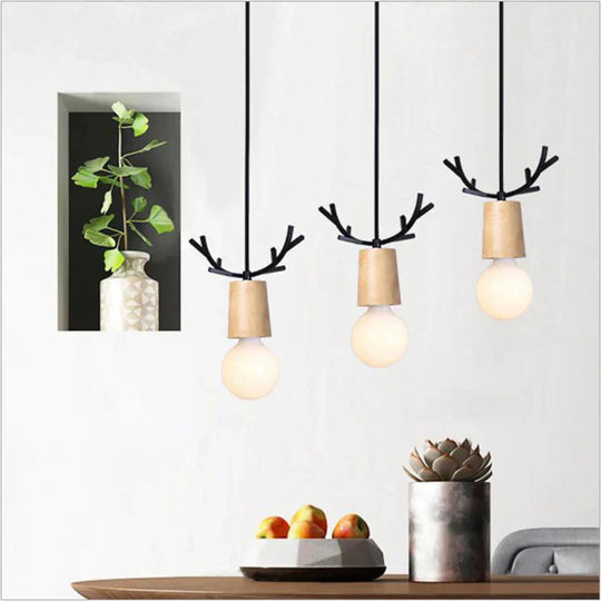 Nordic Wood Fawn Head Chandelier Children’s Bedroom Bedside Living Room Xuanguan Creative