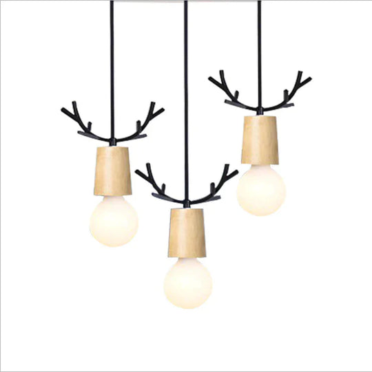 Nordic Wood Fawn Head Chandelier Children’s Bedroom Bedside Living Room Xuanguan Creative