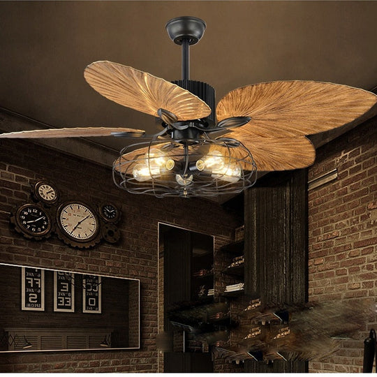 42/52 - Inch Tropical Ceiling Fan - Bronze Industrial Design With Five Palm Leaf Blades Damp -