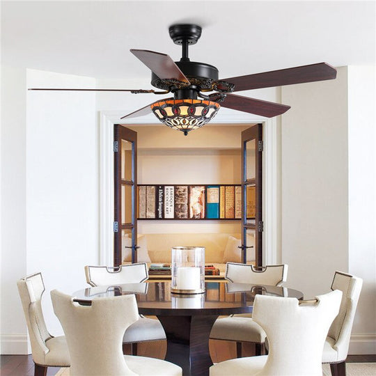 Retro Fandelier With Remote - Features Reversible Black Wood Blades And Tiffany Glass Ideal For