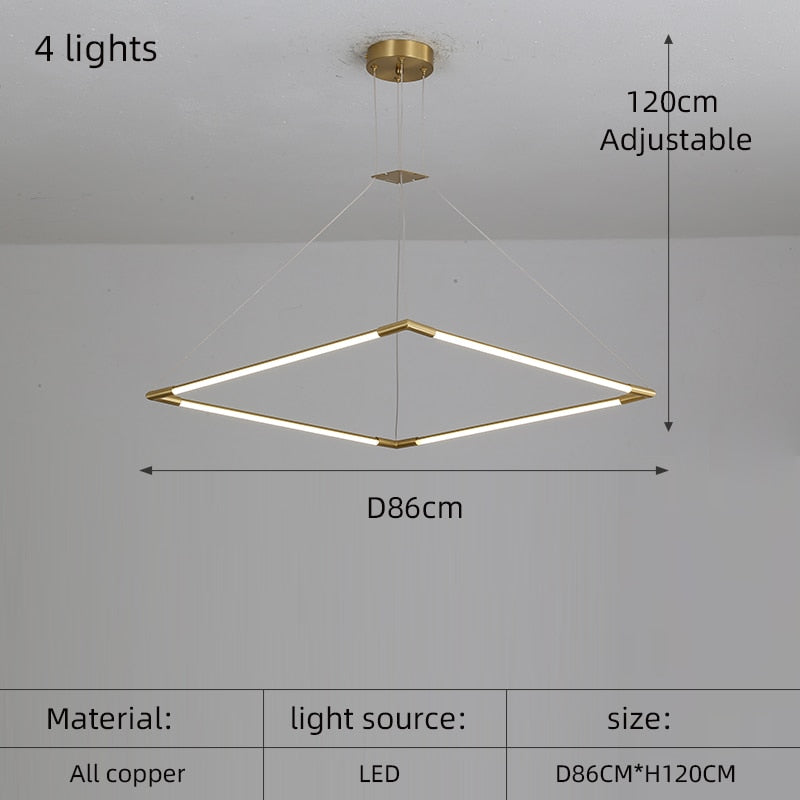 Modern Simple Copper Led Long Chandelier Restaurant Coffee Shop Front Desk Office Creative