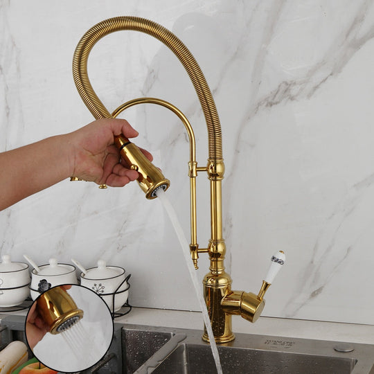 Golden Spring Pull Down Kitchen Sink Faucet Hot &amp; Cold Water Mixer Crane Tap With Dual Spout Deck