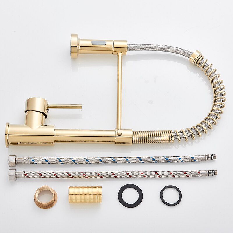 Golden Kitchen Spring Faucet Brass Deck Mount 360 Degree Rotate Stream &amp; Sprayer Nozzle Hot Cold