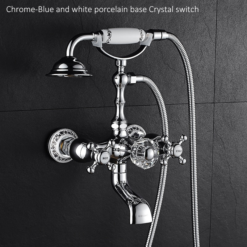 Luxury Crystal Handle Bathtub Gold Brass Faucet With Hand Shower Telephone Type Bath Faucets Sets