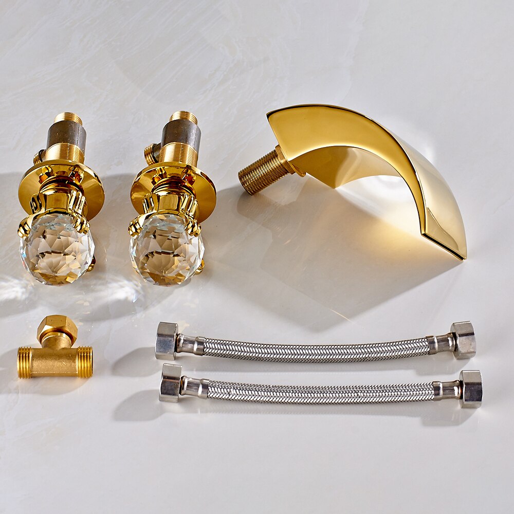 Bathroom Crystal Handle Golden Waterfall Basin Faucet Deck Mount Widespread Tub Sink Chrome Hot And
